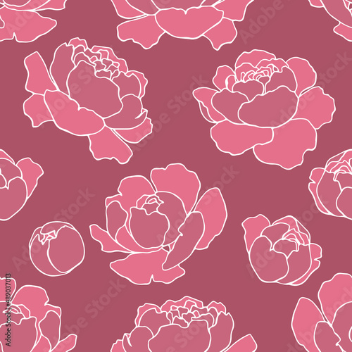 botanical floristic contour flowers peonies open buds .Trendy hand drawn vector isolated minimalistic  floral pattern. Seamless texture for web, textile and stationery. 