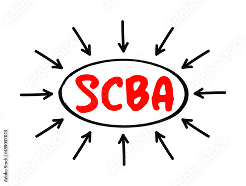 SCBA Social Cost Benefit Analysis - technique used for determining the value of money, specifically public investments, acronym text with arrows
