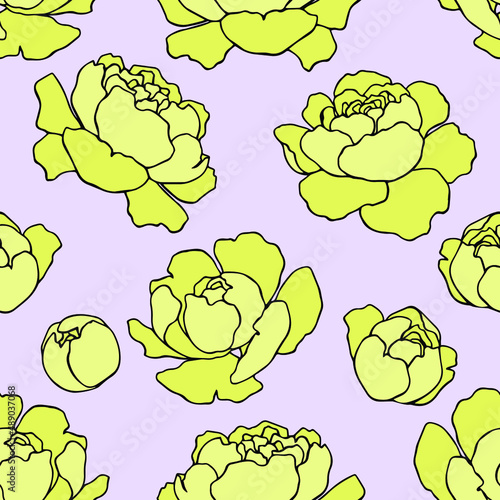 botanical floristic contour flowers peonies open buds .Trendy hand drawn vector isolated minimalistic  floral pattern. Seamless texture for web, textile and stationery. 
