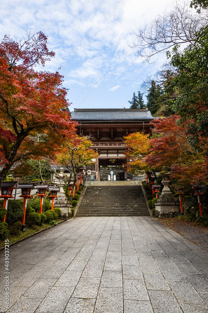 A lantern lined path with stairs leading up the the Kurama-dere Temple north of Kyoto, Japan on a fall morning.