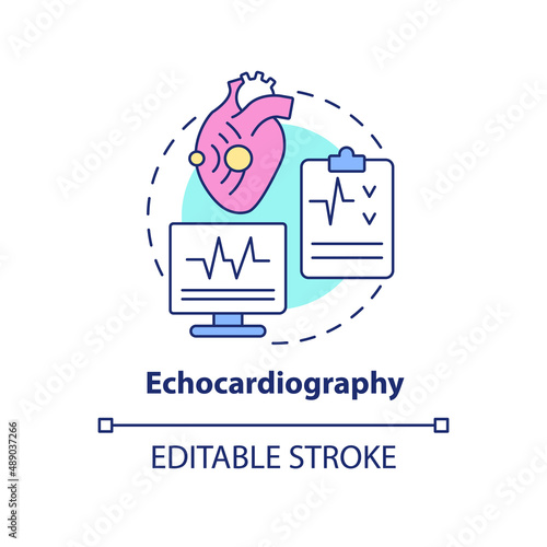 Echocardiography concept icon. Heart ultrasound research. Diagnostic imaging abstract idea thin line illustration. Isolated outline drawing. Editable stroke. Arial, Myriad Pro-Bold fonts used