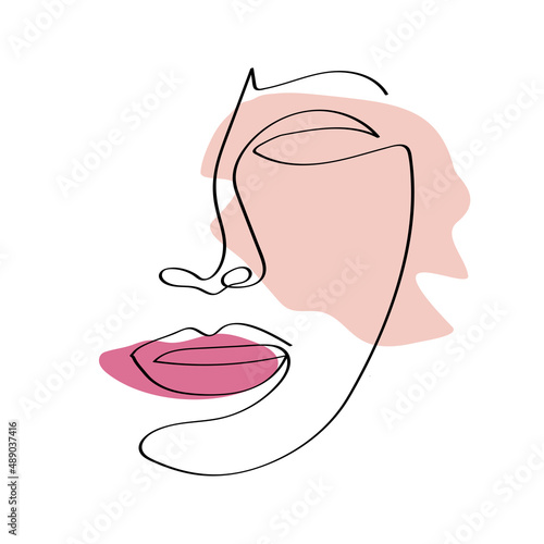 Beautiful Woman with purple lips line art portreit face. Vector