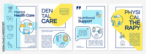 Medical services blue and yellow brochure template. Patients care. Leaflet design with linear icons. 4 vector layouts for presentation, annual reports. Questrial, Lato-Regular fonts used