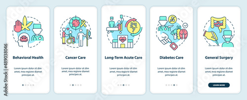 Types of medical services onboarding mobile app screen. Patient care walkthrough 5 steps graphic instructions pages with linear concepts. UI, UX, GUI template. Myriad Pro-Bold, Regular fonts used