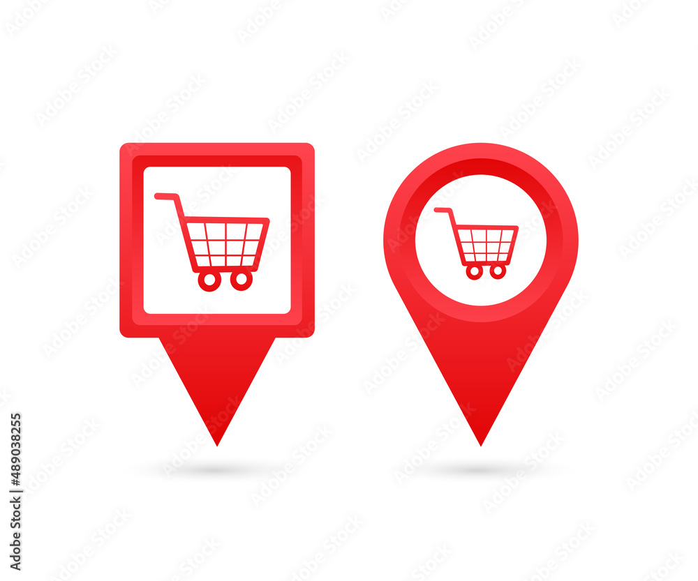 Map pointer with store. Pin Point Shop. Vector stock illustration. Map pointer with store. Pin Point Shop. Vector stock illustration.