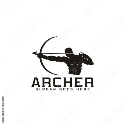 silhouette muscular man with bow archer, archery logo design, vector template