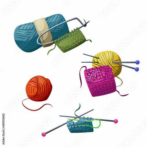 Knitting set. Isolated vector elements: yarn balls, knitting needles, samples. Vector knitting collection.