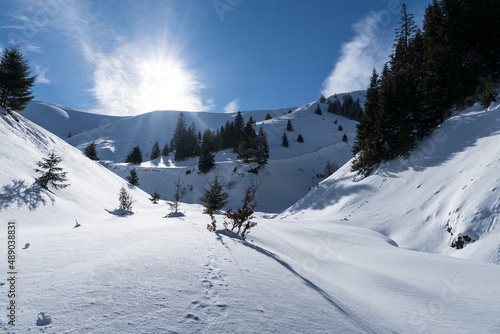 winter mountain landscape  Cazacu Valley  Baiului Mountains  Romania 