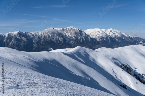 snow covered mountains, Bucegi Mountains, viewpoint from Baiului Mountains, Romania 