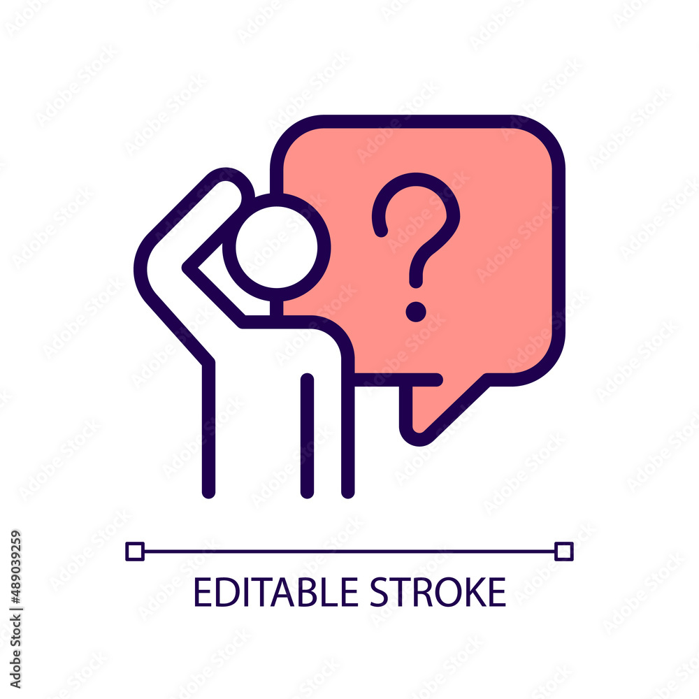 Bewildered person RGB color icon. Curious person looking for answer. Searching information source. Isolated vector illustration. Simple filled line drawing. Editable stroke. Arial font used Bewildered person RGB color icon. Curious person looking for answer. Searching information source. Isolated vector illustration. Simple filled line drawing. Editable stroke. Arial font used