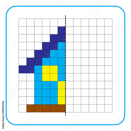 Picture reflection educational game for children. Learn to complete symmetrical worksheets for preschool activities. Coloring grid pages, visual perception and pixel art. Finish the house image.