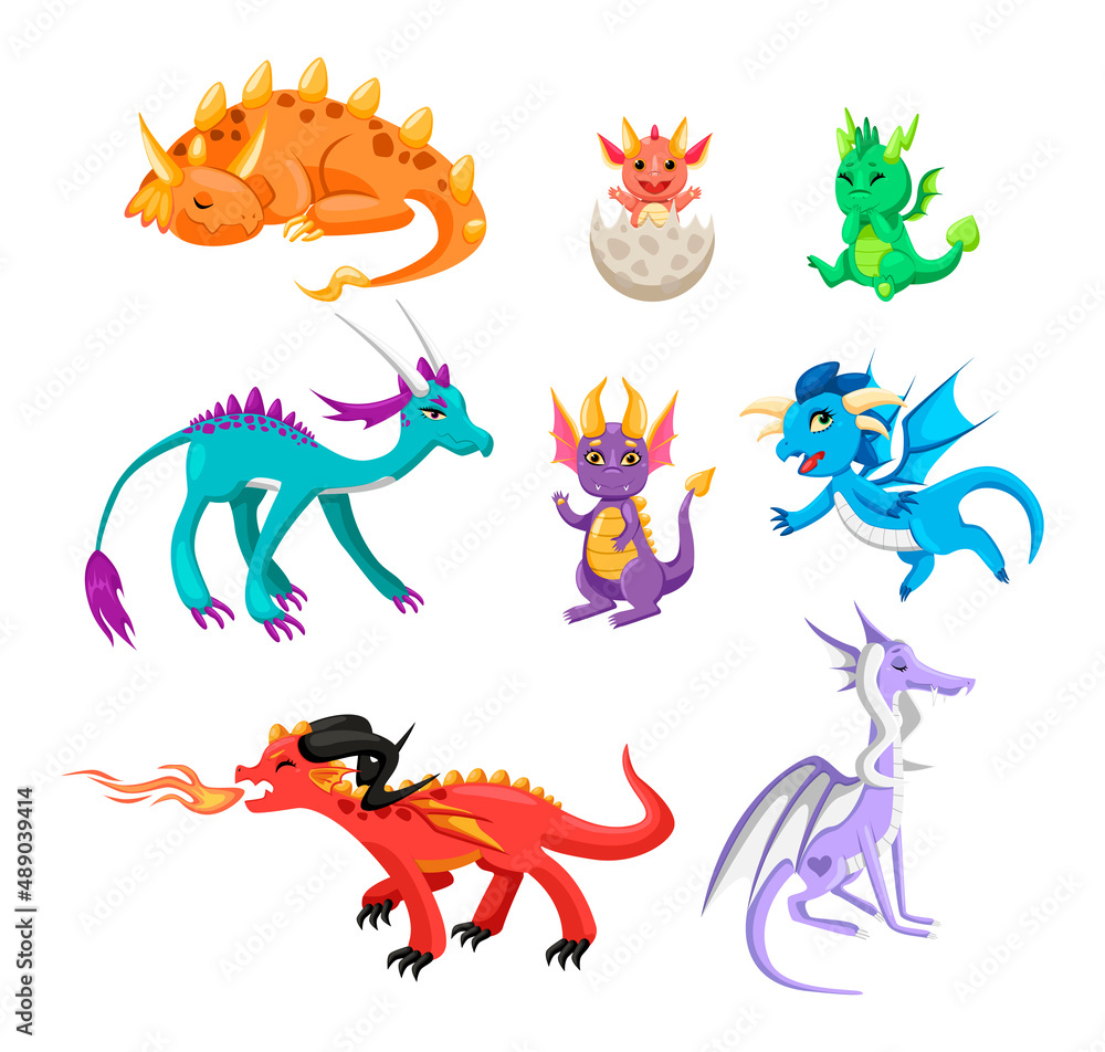 Cute colorful baby dragons and dinosaur cartoon illustration set. Fairytale monsters or creatures blowing fire, laughing, hatching form egg, sleeping and flying. Reptiles, wild animal concept
