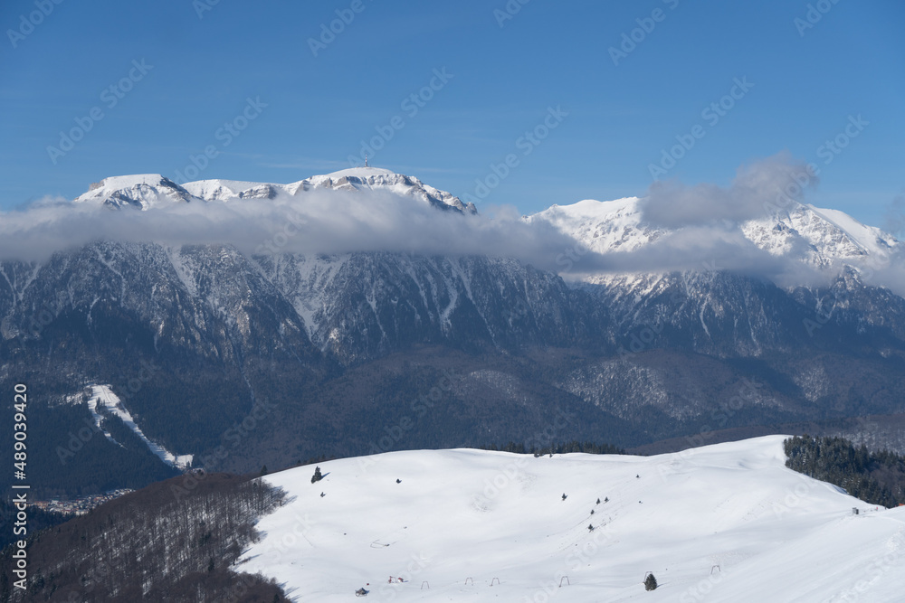 snow covered mountains,  Bucegi Mountains, viewpoint from Baiului Mountains, Romania 