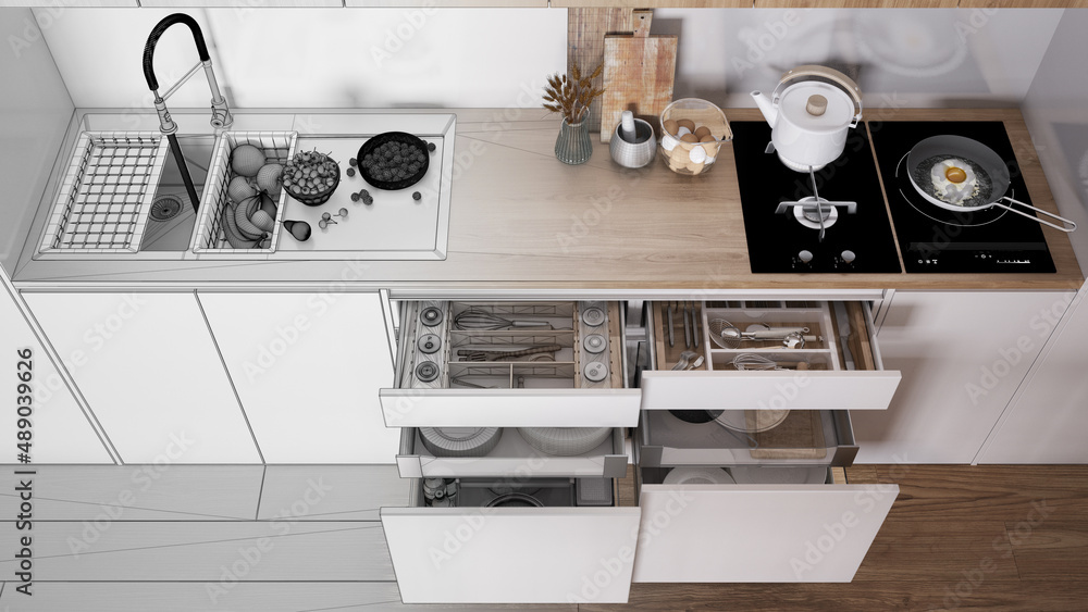 Architect interior designer concept: hand-drawn draft unfinished project that becomes real, kitchen close up, open drawers with accessories, sink. Top view, above with copy space