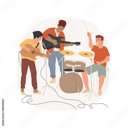 Making music in garage isolated cartoon vector illustration. Crazy teenage rock band make music in garage, excited boys playing guitar together, sound recording session vector cartoon.
