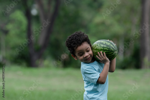 Little African American kid boy carrying a big watermelon in the farm. Child having fun helping family to harvest watermelons in the garden.