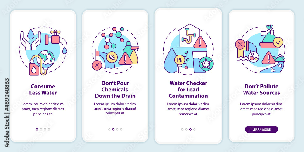 What can people do onboarding mobile app screen. Consume less water walkthrough 4 steps graphic instructions pages with linear concepts. UI, UX, GUI template. Myriad Pro-Bold, Regular fonts used
