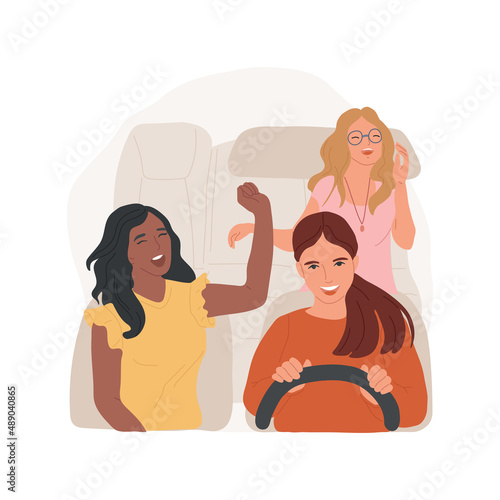 Singing in the car isolated cartoon vector illustration. Girls first car, hanging out with teenage, happy leisure time together, teen driving and laughing, women having fun vector cartoon.