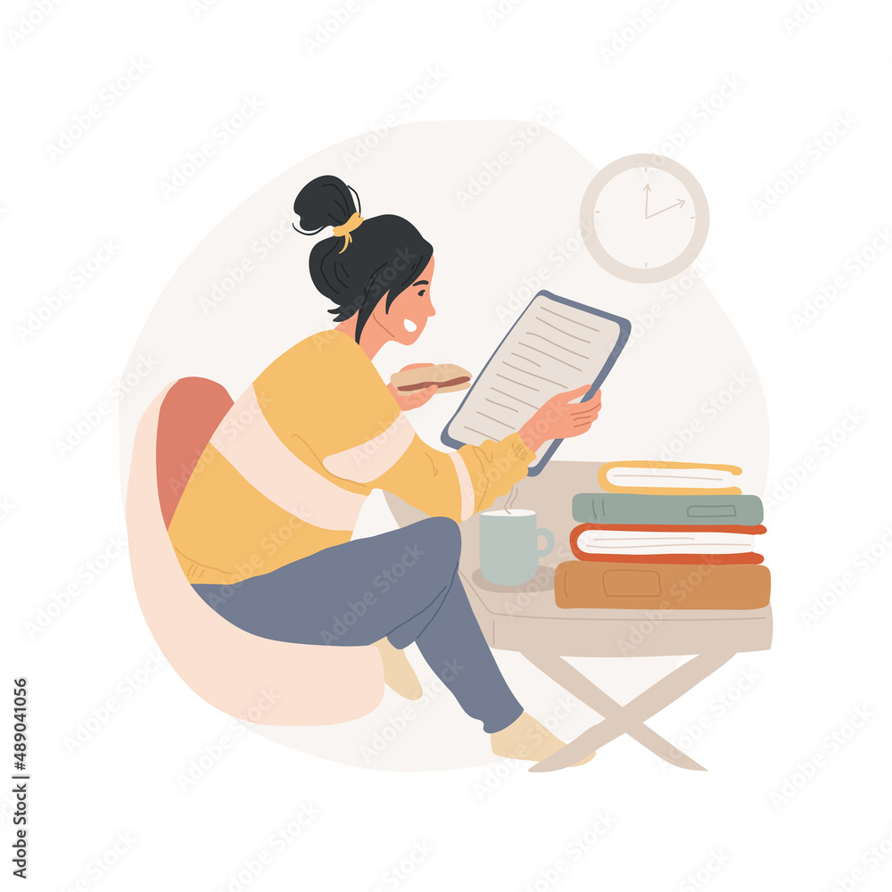 Preparing for exam isolated cartoon vector illustration. Teenage girl snacking and looking at tablet, lot of books on the table, doing homework alone, study hard before exam vector cartoon. Preparing for exam isolated cartoon vector illustration. Teenage girl snacking and looking at tablet, lot of books on the table, doing homework alone, study hard before exam vector cartoon.