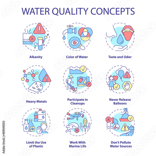 Water quality concept icons set. Protecting water from pollution idea thin line color illustrations. Beach cleanups. Isolated symbols. Editable stroke. Roboto-Medium, Myriad Pro-Bold fonts used
