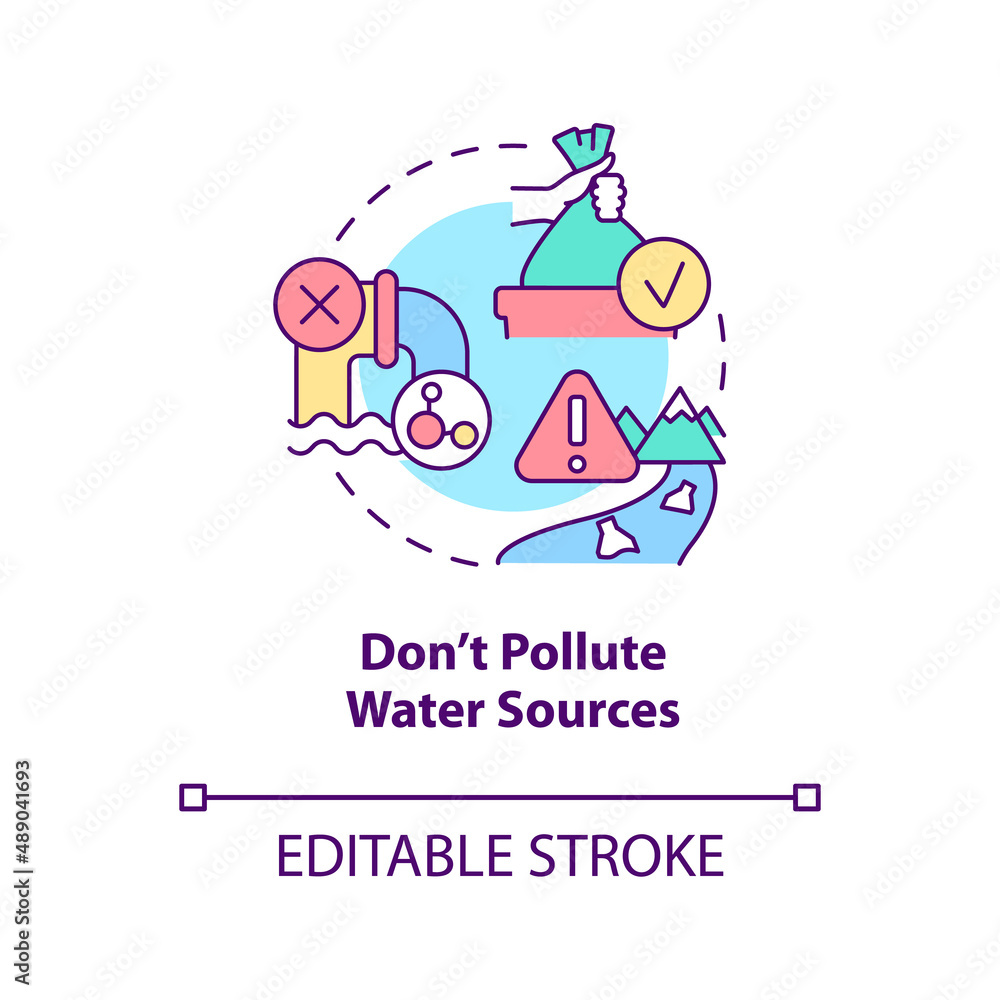 Dont pollute water sources concept icon. Improving water quality abstract idea thin line illustration. Hazardous waste. Isolated outline drawing. Editable stroke. Arial, Myriad Pro-Bold fonts used Dont pollute water sources concept icon. Improving water quality abstract idea thin line illustration. Hazardous waste. Isolated outline drawing. Editable stroke. Arial, Myriad Pro-Bold fonts used