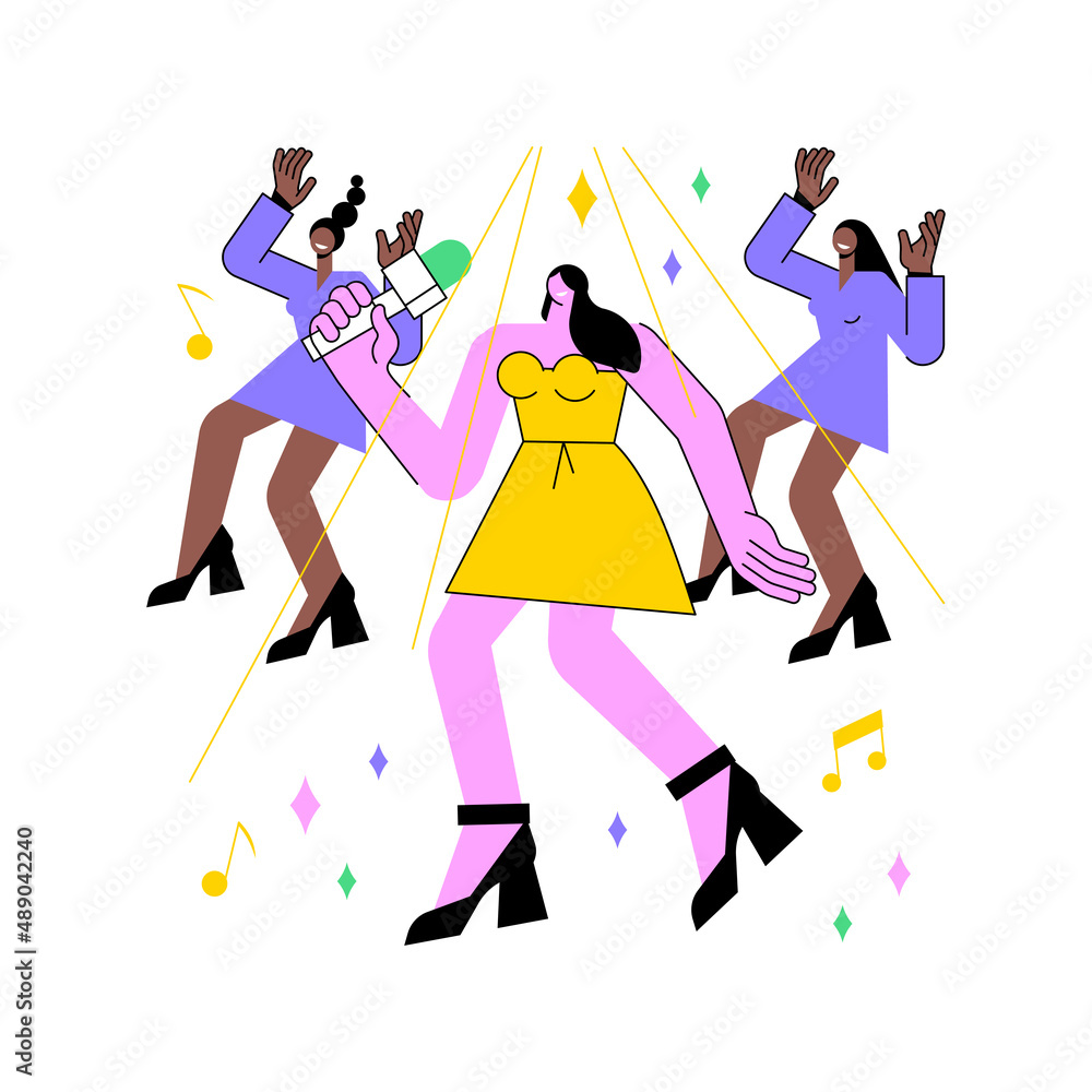 Popular music abstract concept vector illustration. Popular singer tour, pop music industry, top chart artist, musical band production service, recording studio, book for event abstract metaphor.