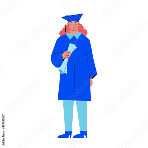 Young university graduate woman holding a diploma of education. Frustrated, offended student in a blue graduation gown. Vector trendy isolated illustration. Class off 2022..
