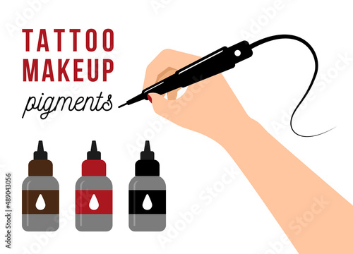 Tattoo makeup pigments. A girl holding a microblading pen