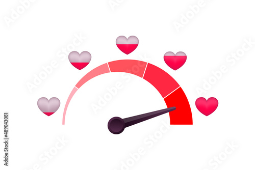 Love meter, heart indicator. Valentines day concept. High speed. Vector stock illustration.