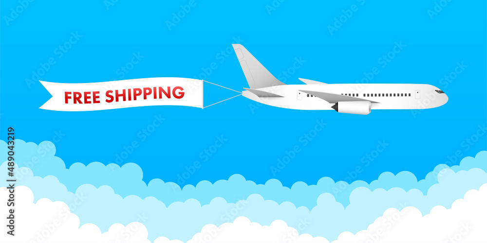 Airplane with label free shipping, E-Commerce, Air Craft. Vector stock illustration.