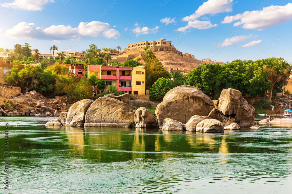 Picturesque banks of the Nile near Aswan city, Egypt
