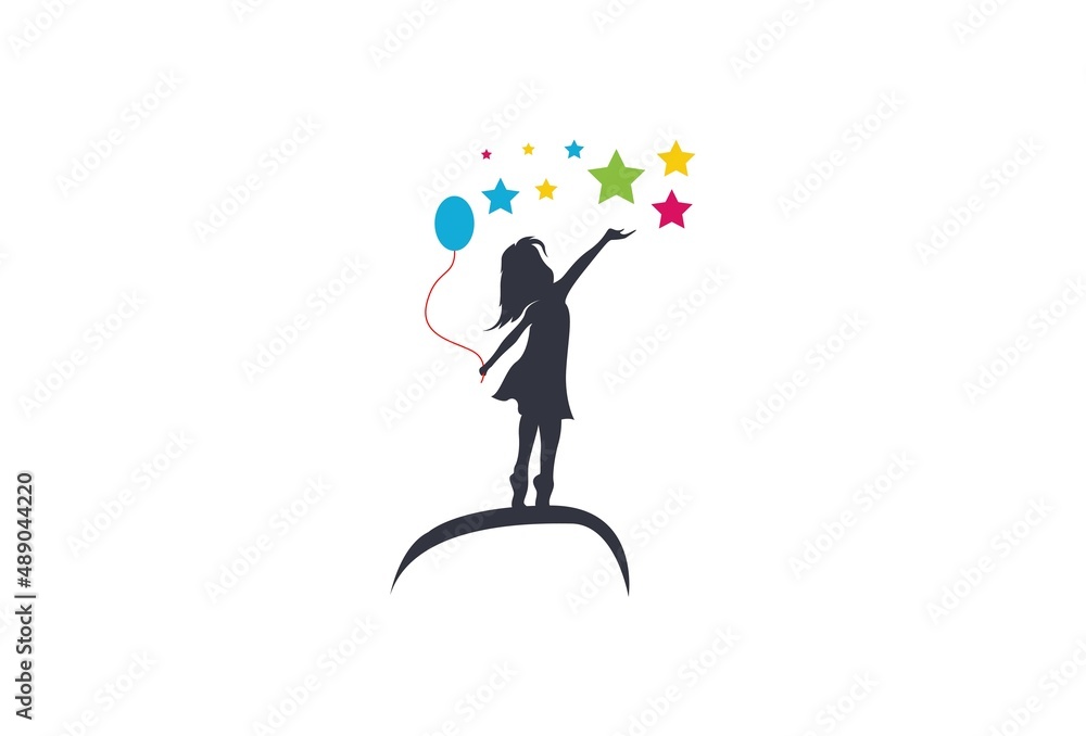 Little girl reach stars sillhouette logo template vector isolated on white background Little girl reach stars sillhouette logo template vector isolated on white background