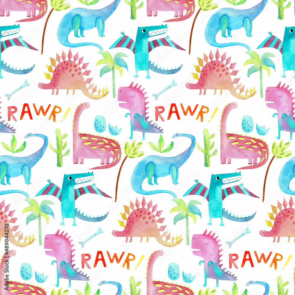 Cute pattern with dinosaur watercolor