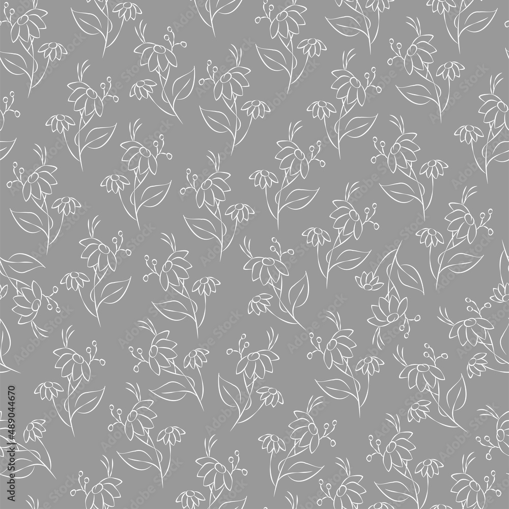 Vector gray and white illustration. Floral seamless pattern. Bouquet of wild flowers. Hand drawn flower field. simple flowers. Flowering heads of field chamomile. Outline drawing.