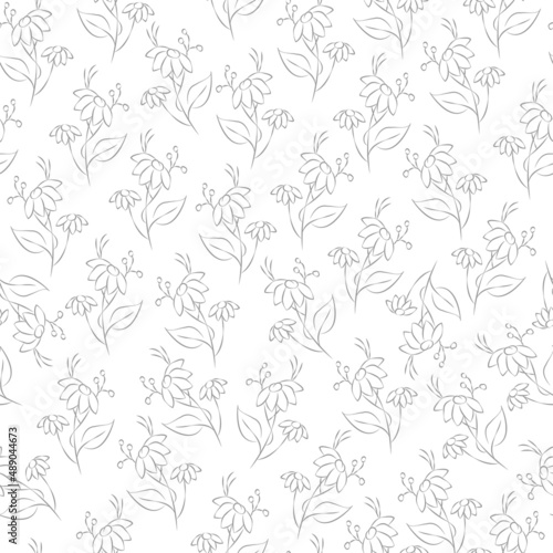 Vector gray and white illustration. Floral seamless pattern. Bouquet of wild flowers. Hand drawn flower field. simple flowers. Flowering heads of field chamomile. Outline drawing.