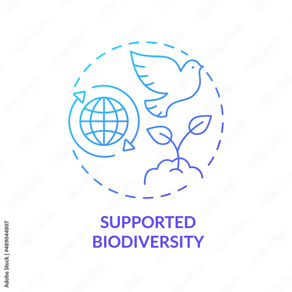 Supported biodiversity blue gradient concept icon. Circular economy abstract idea thin line illustration. Maintaining plants and animals diversity. Isolated outline drawing. Myriad Pro-Bold font used Supported biodiversity blue gradient concept icon. Circular economy abstract idea thin line illustration. Maintaining plants and animals diversity. Isolated outline drawing. Myriad Pro-Bold font used