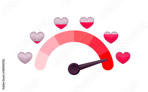 Love meter, heart indicator. Valentines day concept. High speed. Vector stock illustration.