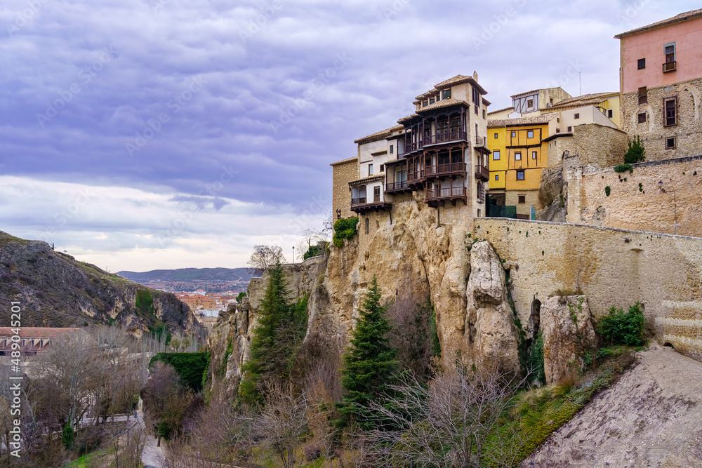 Hanging houses of Cuenca over the ravine eroded by the river over the centuries, Spain.