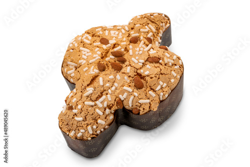 Colomba Pasquale, typical italian easter cake with sugar glaze and with almonds. Easter Dove in english. Isolated on white background. Clipping path photo