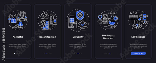 Sustainable city design night mode onboarding mobile app screen. Urban walkthrough 5 steps graphic instructions pages with linear concepts. UI  UX  GUI template. Myriad Pro-Bold  Regular fonts used