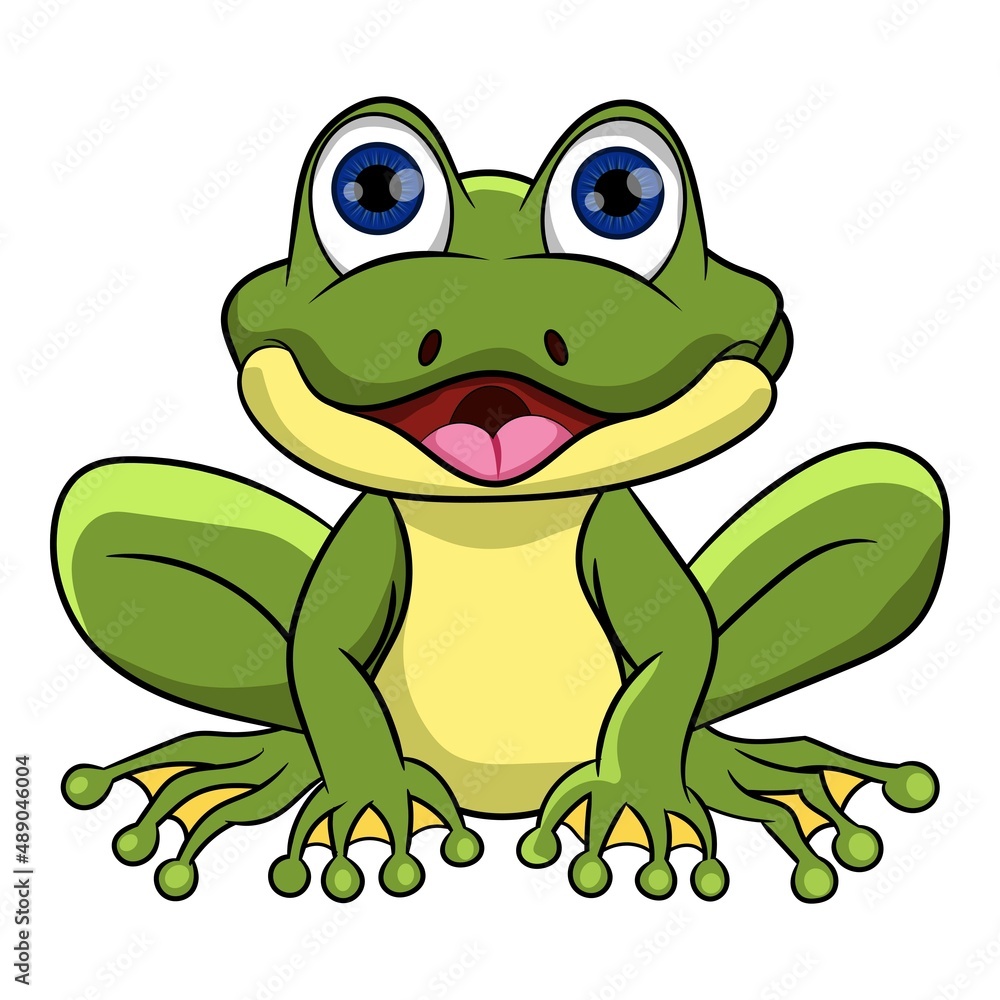 Fanny cartoon frog with cute eyes looking, smiling and sitting in a front side. Vector illustration isolated on white background