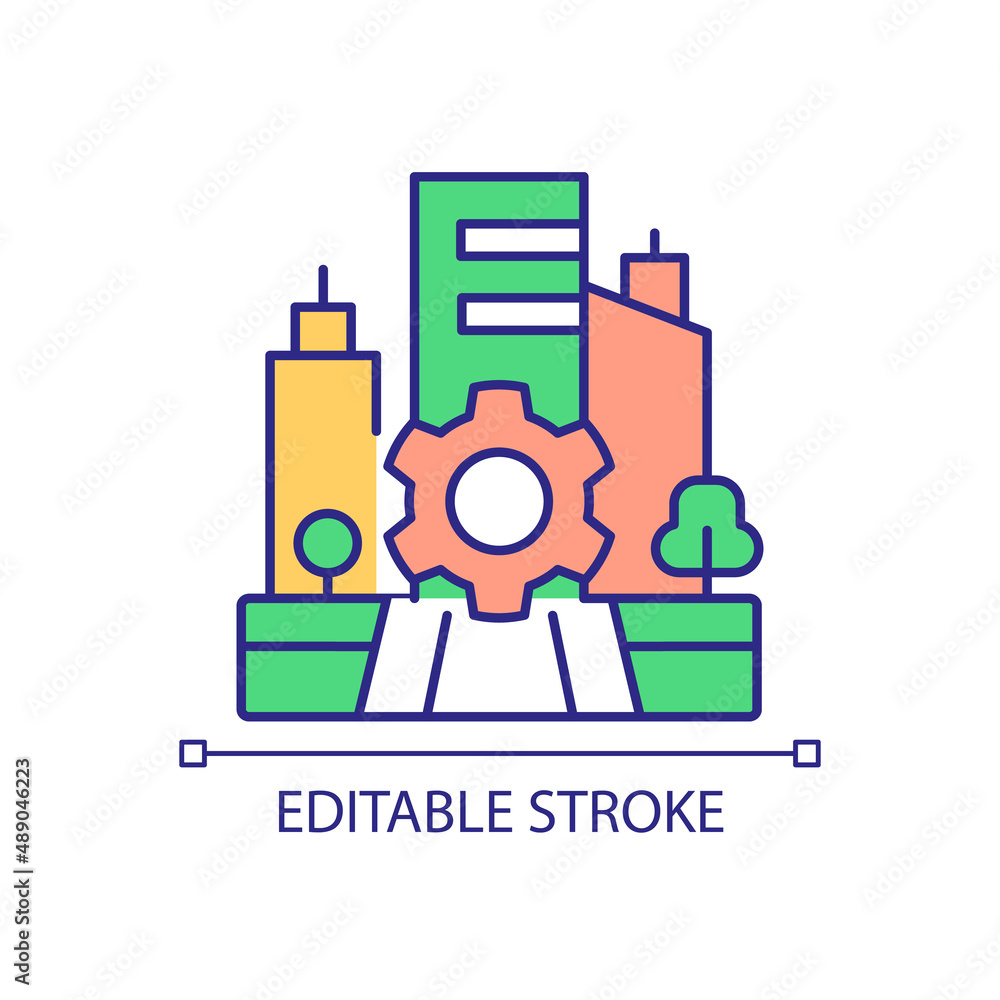 Urban infrastructure management RGB color icon. Comfortable city planning. Sustainable design. Isolated vector illustration. Simple filled line drawing. Editable stroke. Arial font used