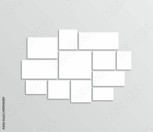 Collage layout. Photo moodboard template. Mood board grid. Mosaic pictures frame. Album brandboard. Gallery banner. Organised wall portfolio. White images isolated on background. Vector illustration