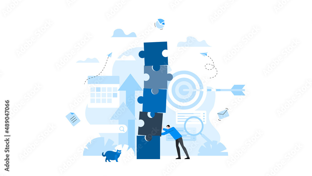 A man holds a tottering tower of puzzles so that it does not fall. Animation ready duik friendly vector. Conceptual business story. Puzzle connection, solving problem, effective business solution.