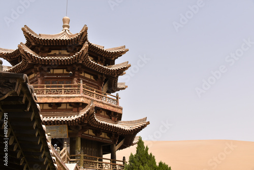 Temple in the Desert at Dunhuang. Crescent Moon Lake in the Gobi Desert  Gansu Province  China.