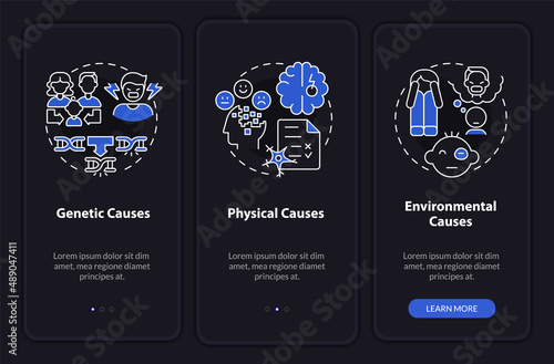 Conduct disorder causes night mode onboarding mobile app screen. Walkthrough 3 steps graphic instructions pages with linear concepts. UI, UX, GUI template. Myriad Pro-Bold, Regular fonts used
