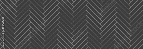 Herringbone floor. Seamless tile pattern. Herring bone texture. Outline cladding surface. Ceramic check print. Classic tessellation grid. Paving banner. Scandinavian subway panel. Vector illustration