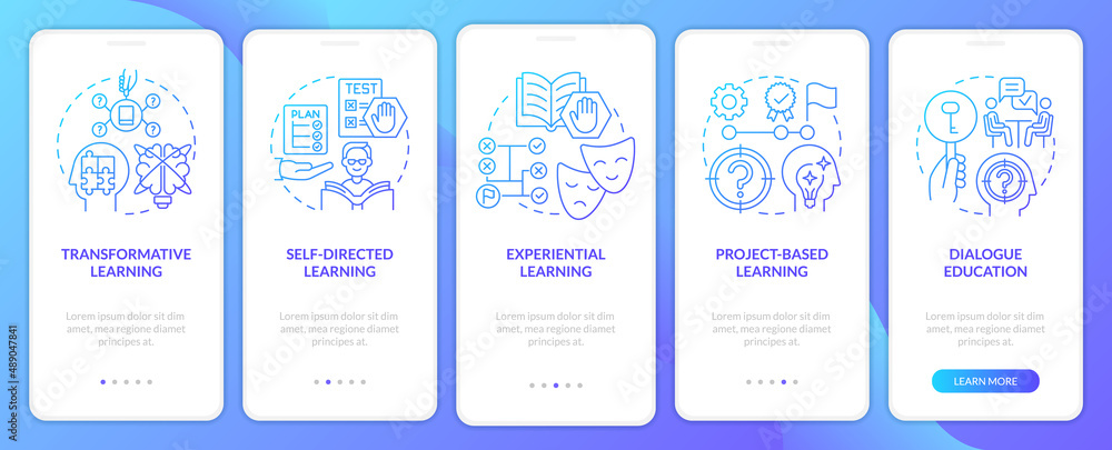 Adult education theories blue gradient onboarding mobile app screen. Walkthrough 5 steps graphic instructions pages with linear concepts. UI, UX, GUI template. Myriad Pro-Bold, Regular fonts used