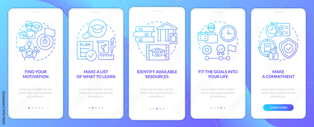 Adopting lifelong learning blue gradient onboarding mobile app screen. Walkthrough 5 steps graphic instructions pages with linear concepts. UI, UX, GUI template. Myriad Pro-Bold, Regular fonts used