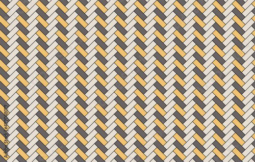 Herringbone floor. Seamless tile pattern. Paving slab background. Cladding block texture. Timber masonry. Ceramic check print. Geometric rectangular grid. Subway gray yellow panel. Vector illustration